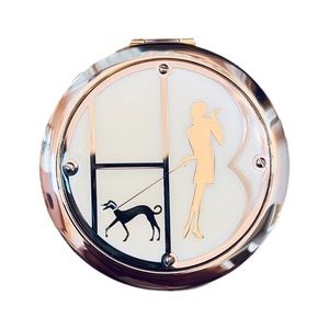 NEW RARE Henri Bendel Compact Mirror “Chic Lady Walking Dog” - WHITE/SILVER